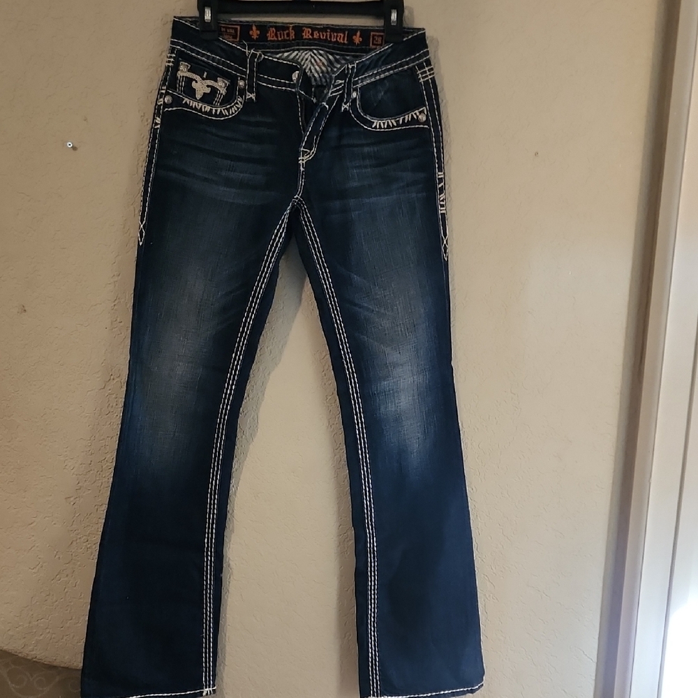 Rock Revival Blue Boot Cut Jeans with Contrast Stitching